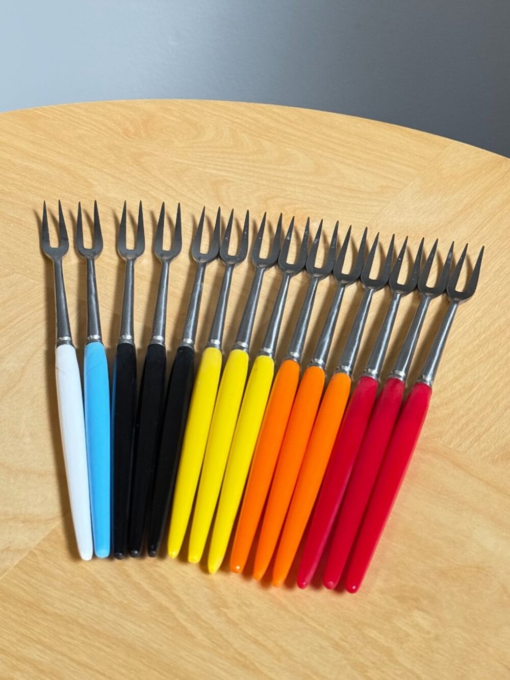 Set of 14 Stainless Steel Fondue Forks by IIC Vintage c1950s Coloured Handles